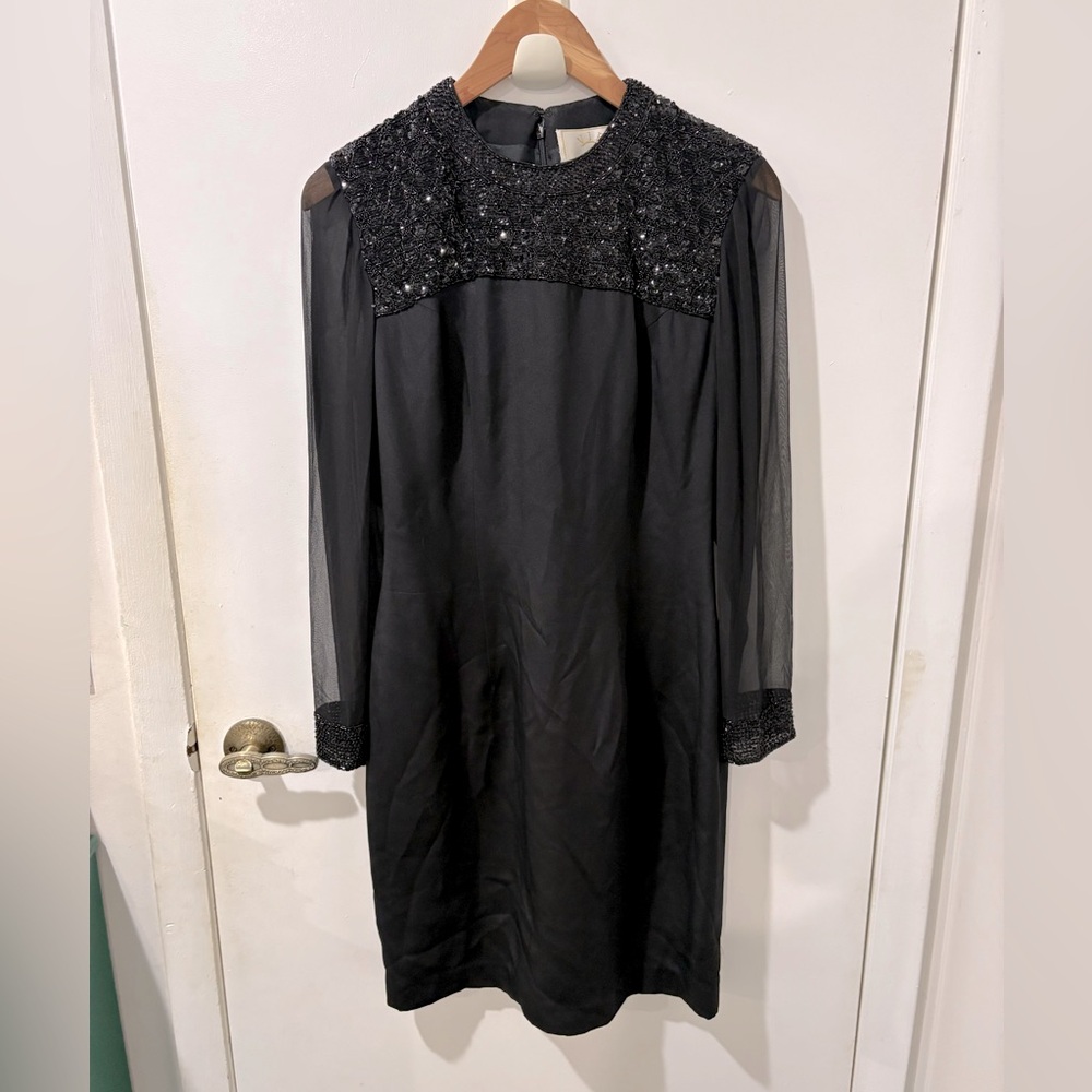 VIE by Victoria Royal / Black Silk Hand Beaded Dress /long sheer sleeves
